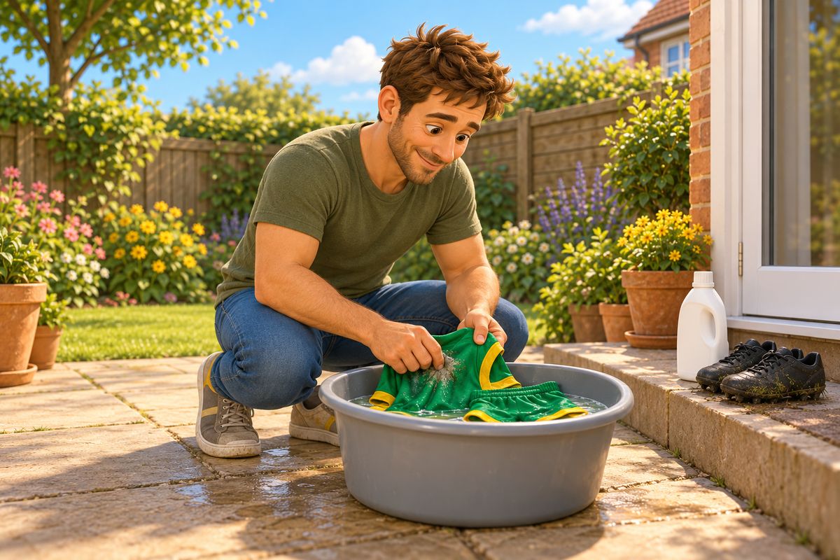 A dad crouches on a sunny patio rubbing a green football shirt in a grey tub of cold water, with muddy football boots on the step beside him.