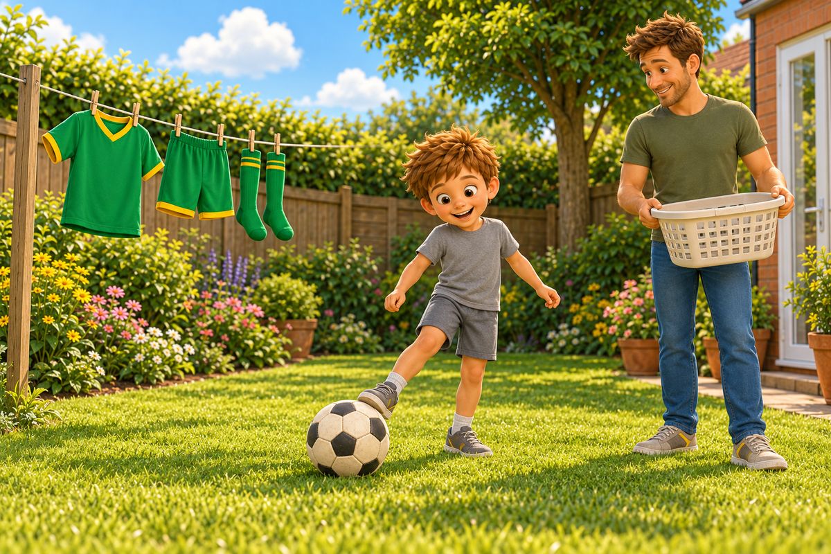 Clean green football kit hangs on a garden washing line in the sun while a boy plays gently with a ball on the lawn beyond.