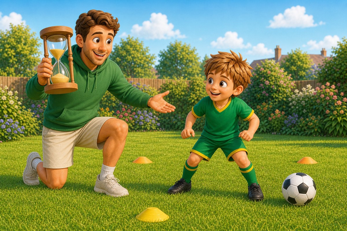 Dad holding a large simple wooden sand timer to signal a role swap while the boy watches in an eager ready stance