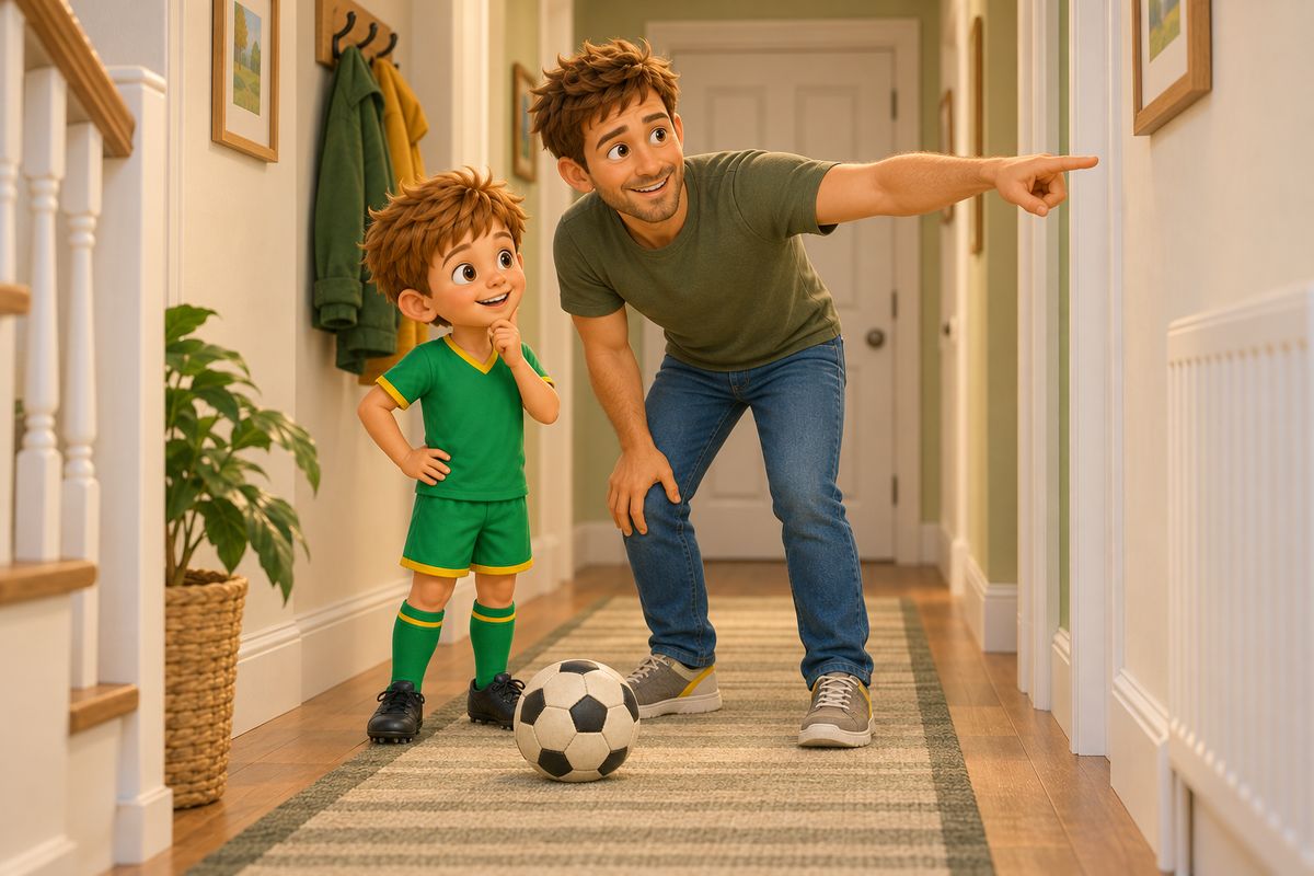 A dad and boy standing together in a tidy UK hallway, pointing out boundaries before starting to play.