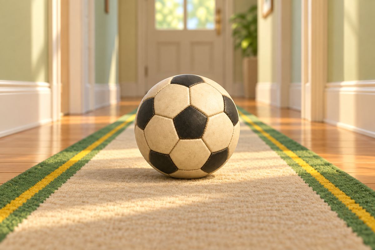 A soft football resting on a clear, tidy hallway floor with open space either side.