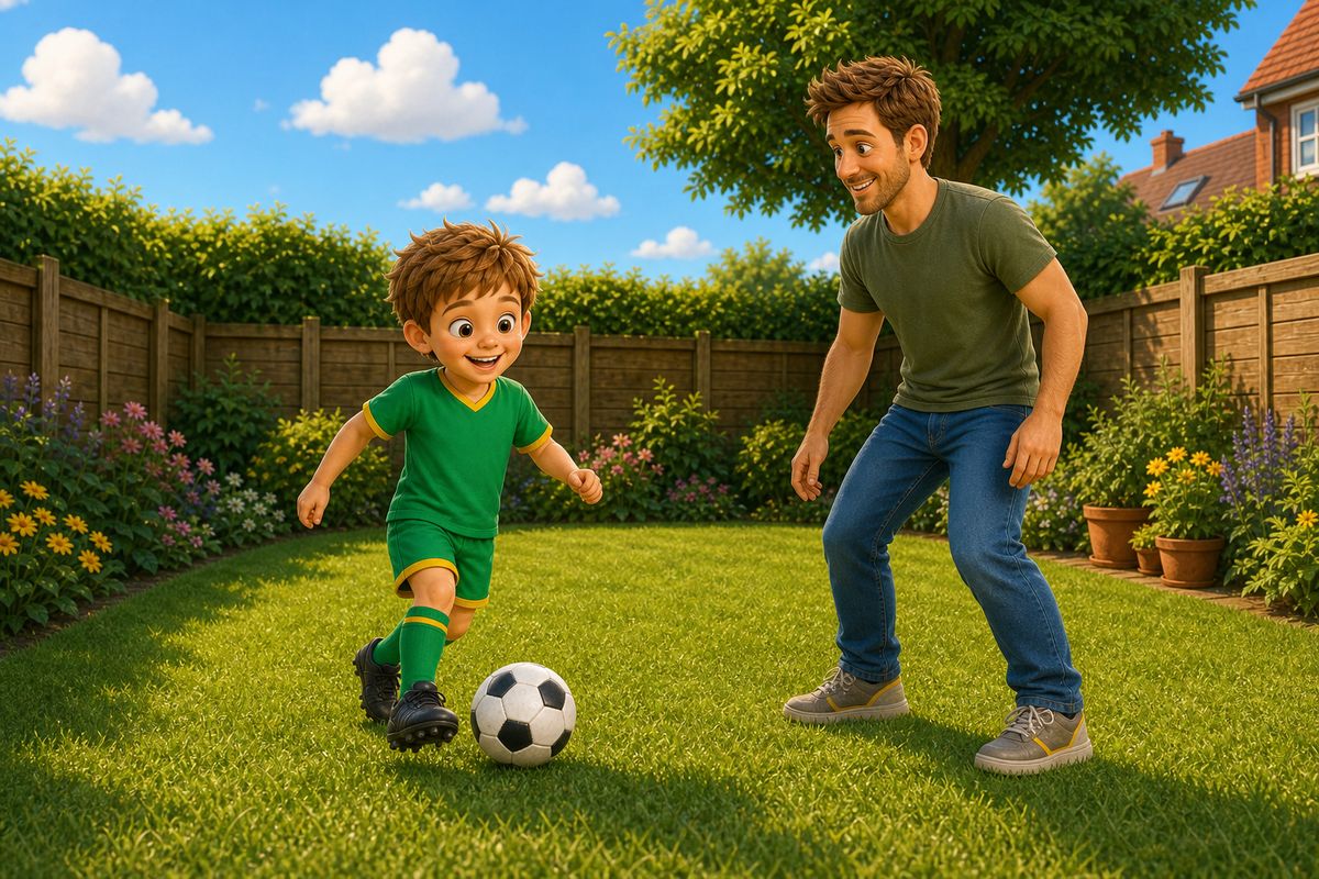A dad and boy playing football together in a sunny UK back garden with a relaxed, unhurried feel, suggesting the middle of a long free stretch of time rather than a single quick session