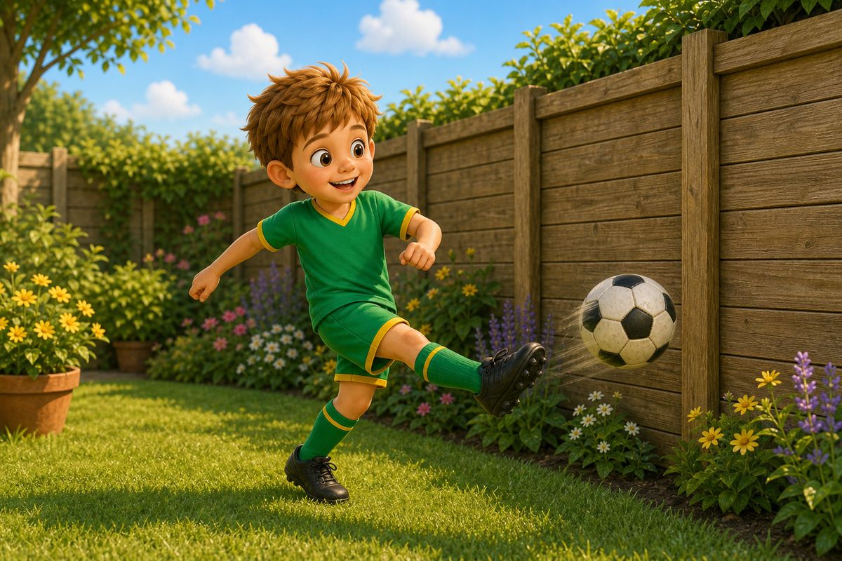 A boy doing a quick five-minute football drill alone against a garden fence in bright daylight, a fast, light moment rather than a long session
