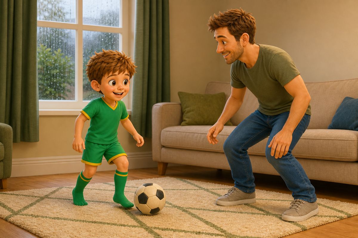 A dad and boy playing a gentle indoor football game in a living room on a rainy day, soft ball, calm energy, showing the rotation still works when the weather changes