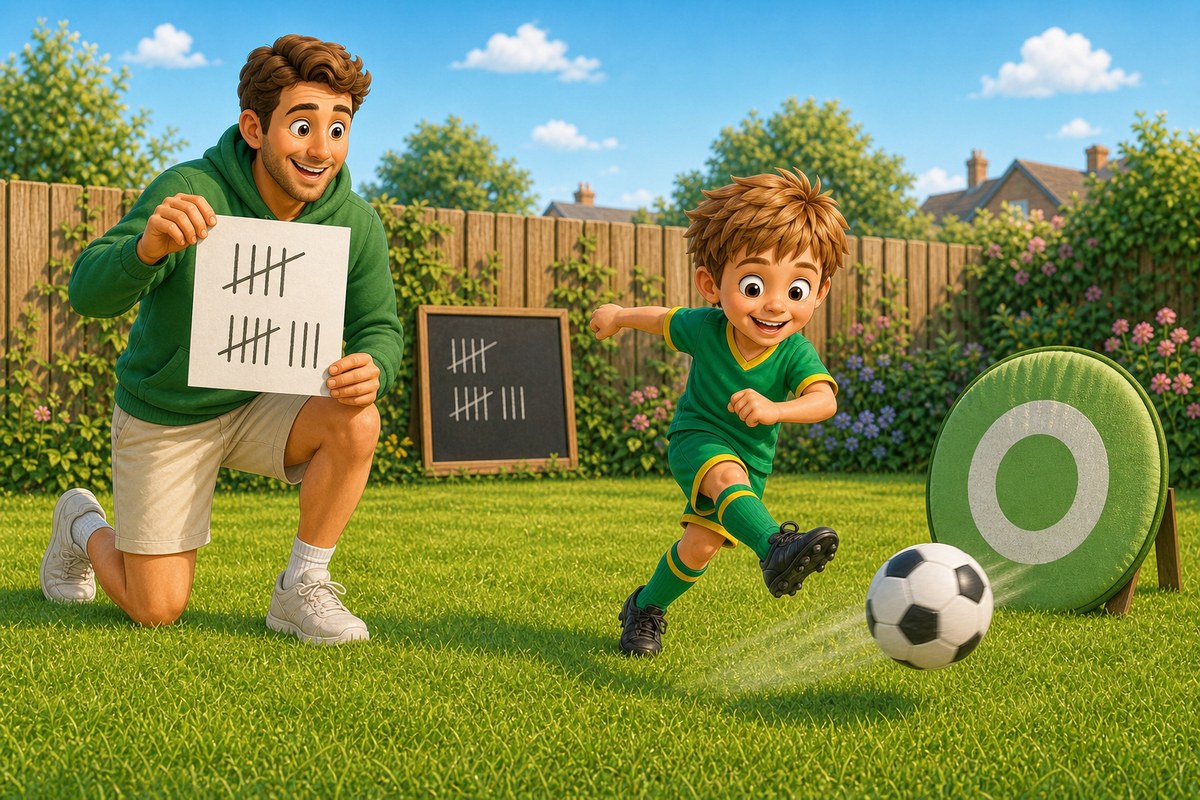 Cartoon dad holding a paper scorecard with tally marks while his son shoots at a soft target on the fence