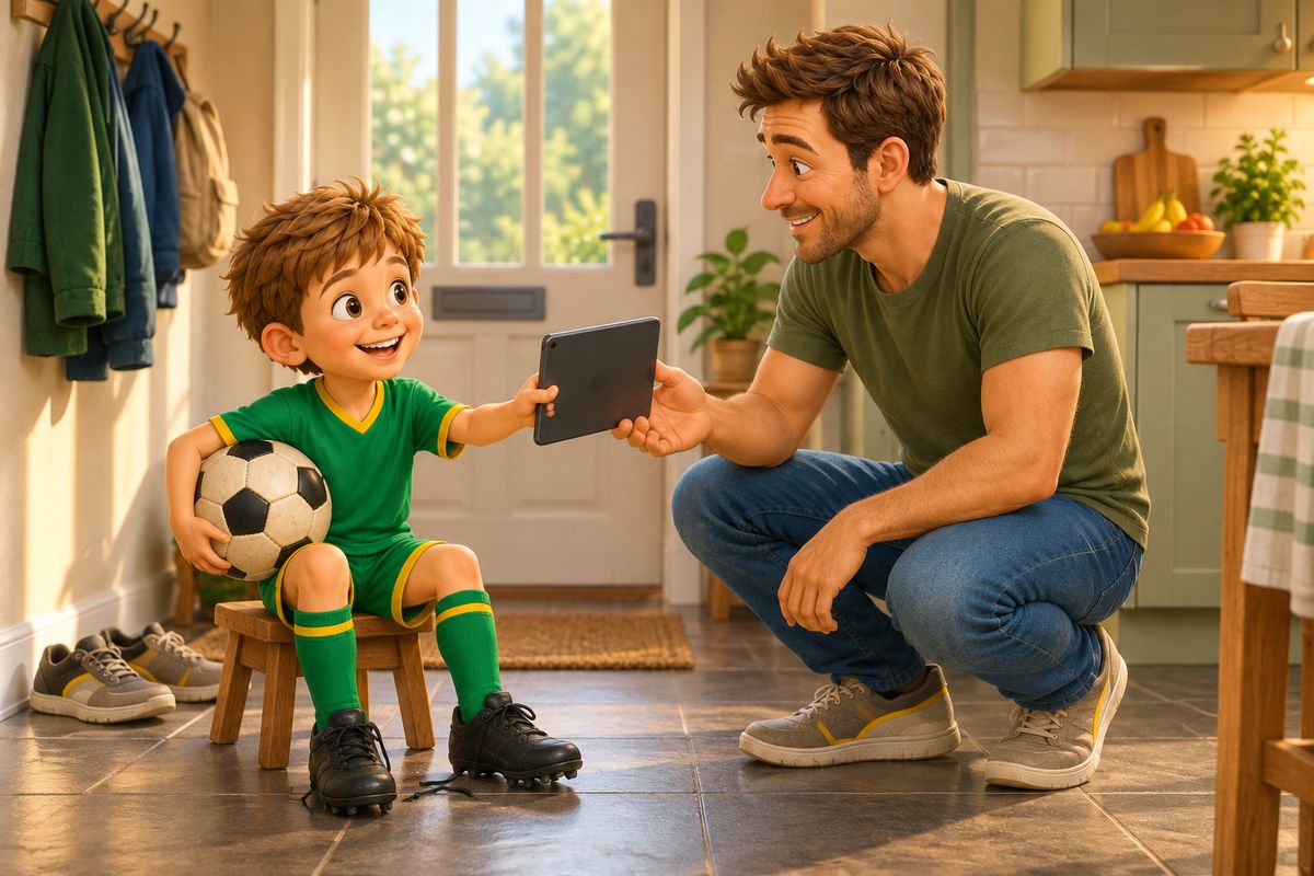 A dad and boy in a UK kitchen, the boy handing over a tablet with his boots already half-laced, a football tucked under his arm.