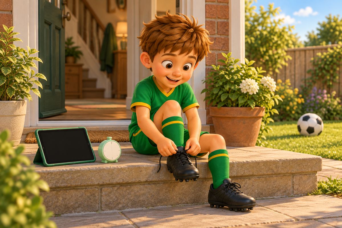 The boy sitting on a doorstep lacing his boots, a small kitchen timer and a tablet set down beside him on the step.