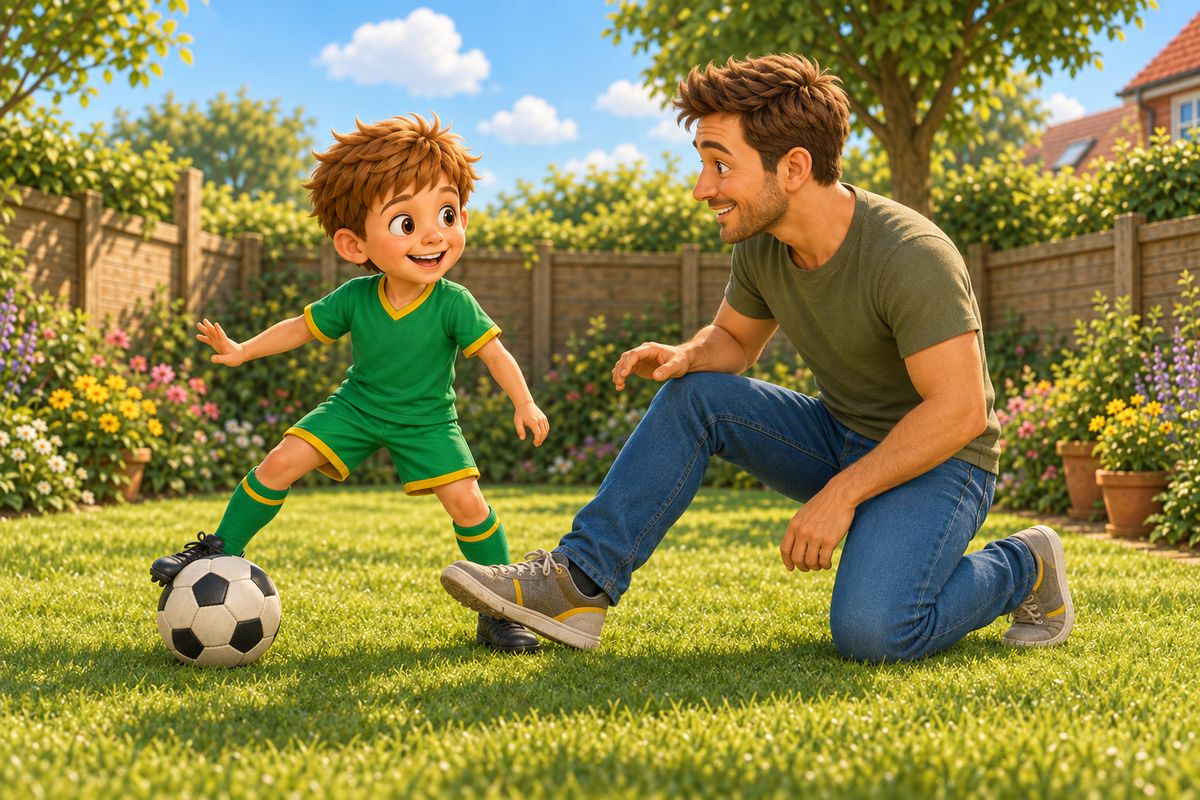 In a UK garden, a boy side-on with a football at his far foot and one arm held out, grinning, while dad kneels on the grass reaching in with one foot, both clearly playing.