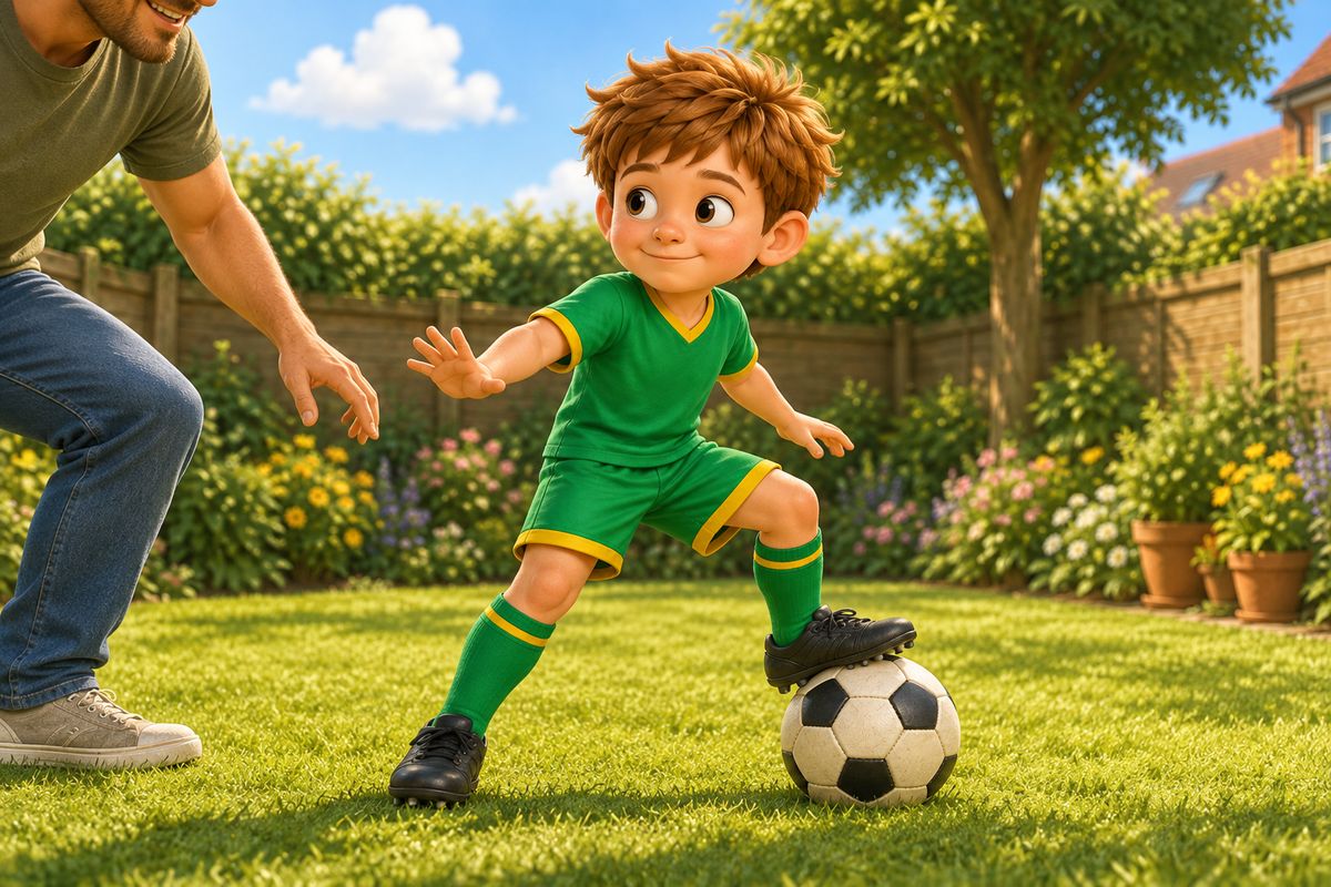 A close view of a boy's shielding position in a garden: shoulder turned toward the challenger, knees slightly bent, the football on his far foot and an arm out with an open palm.