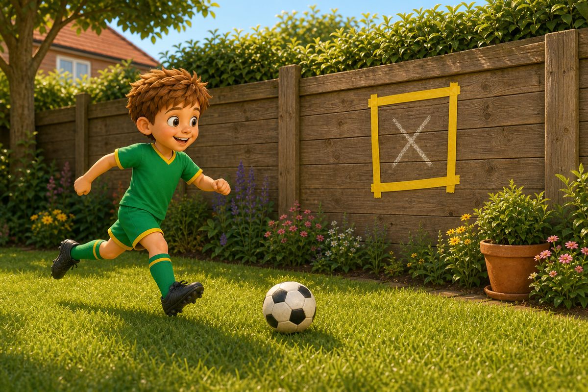A boy lining up a shot at a single square of tape stuck to a wooden garden fence in a small UK back garden, standing a short distance back ready to shoot