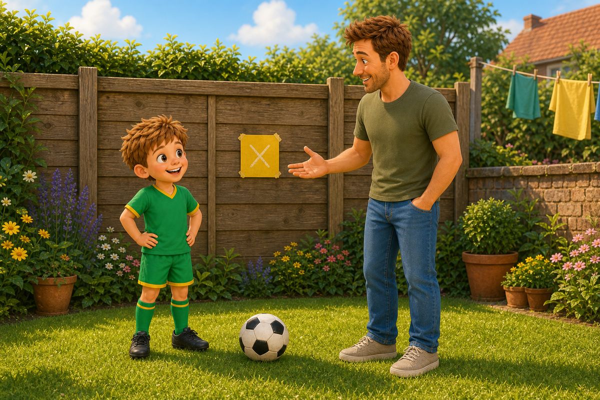 A dad and boy standing together in a UK garden, both looking at a small taped target on a fence, the dad gesturing at it as if explaining the next step back