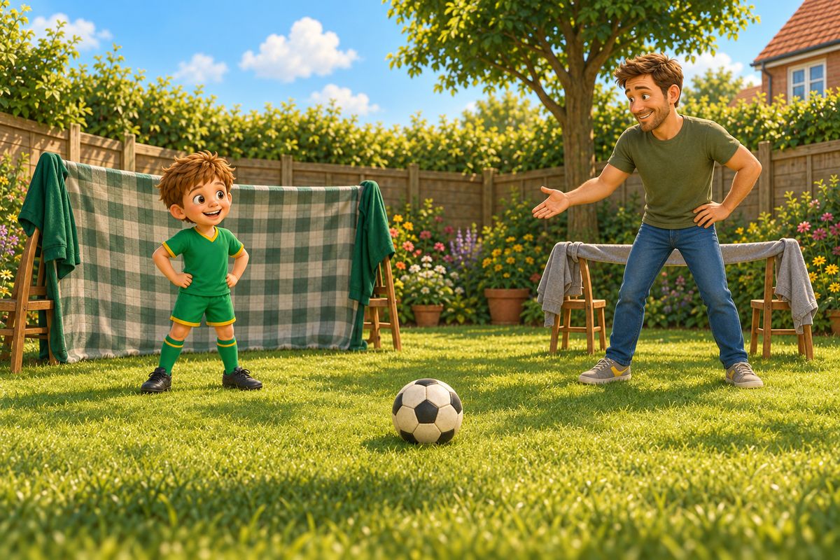 A dad and boy standing either side of two differently sized improvised goals in a garden, the dad gesturing good-naturedly at the size difference.