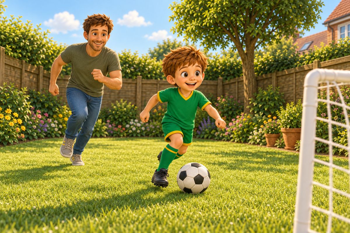 A boy dribbling a football with a head start toward goal while a dad jogs to catch up from further back in the garden.