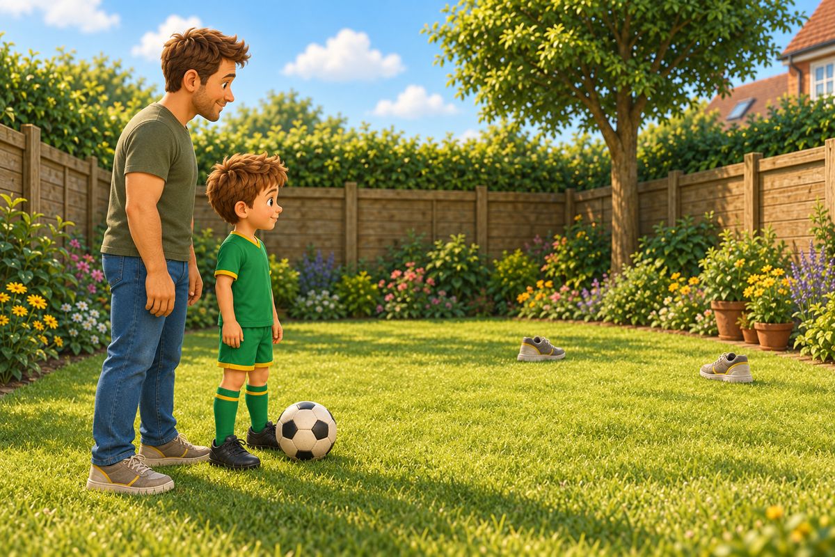 A boy and dad standing side by side rather than facing each other, both looking toward the same small target in a quiet corner of a UK garden.