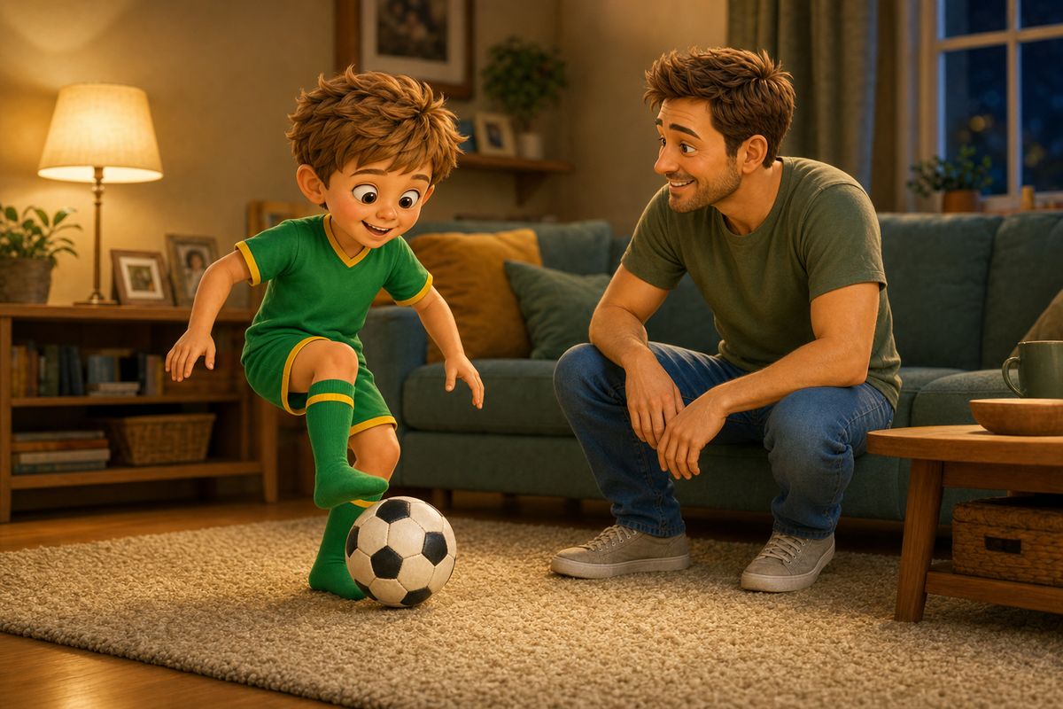 A boy in socks dribbling a football with soft, quiet touches across a cosy UK living room in the evening, dad watching calmly from a nearby sofa