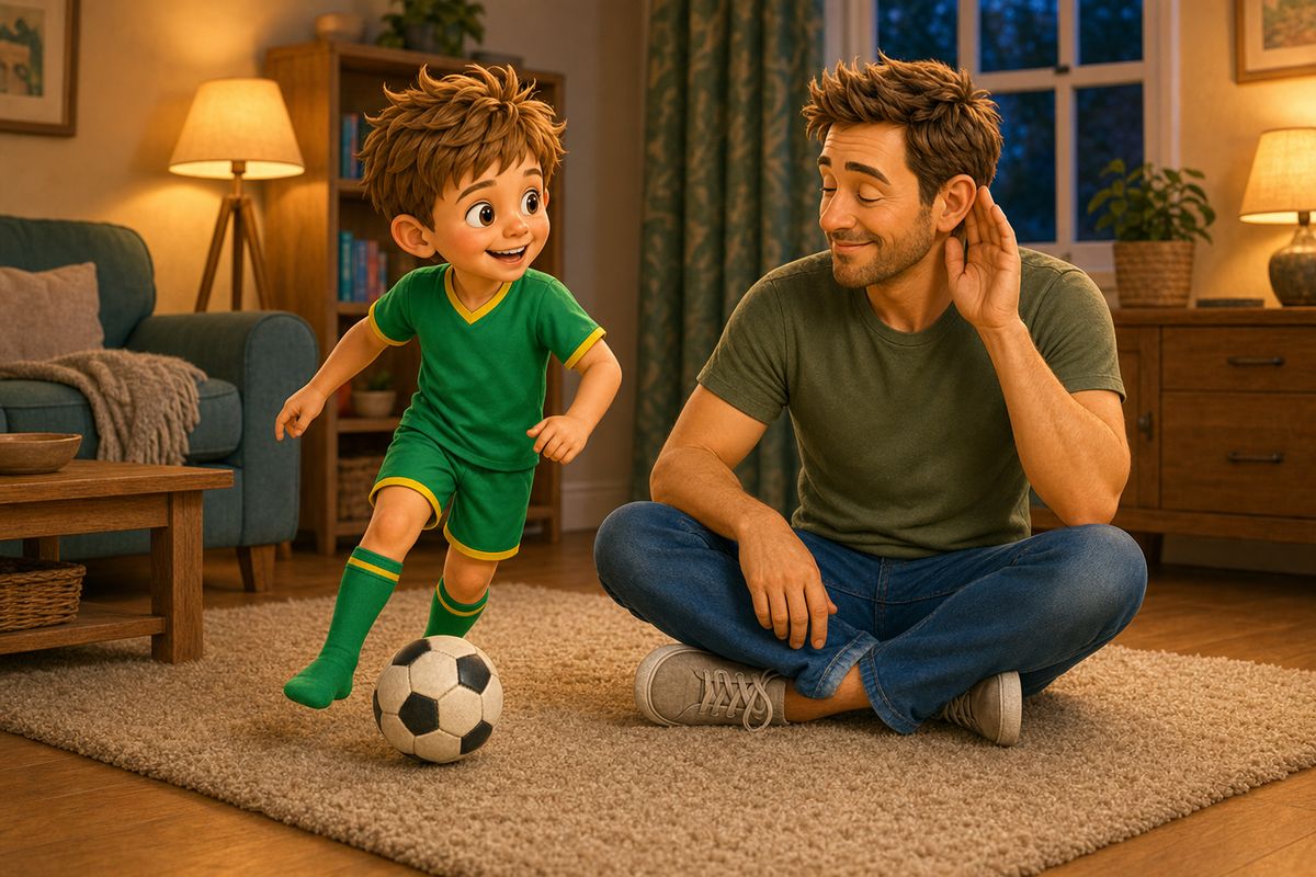 Dad sitting with eyes closed listening as the boy dribbles a football silently nearby in a living room, playing the listener role of the game