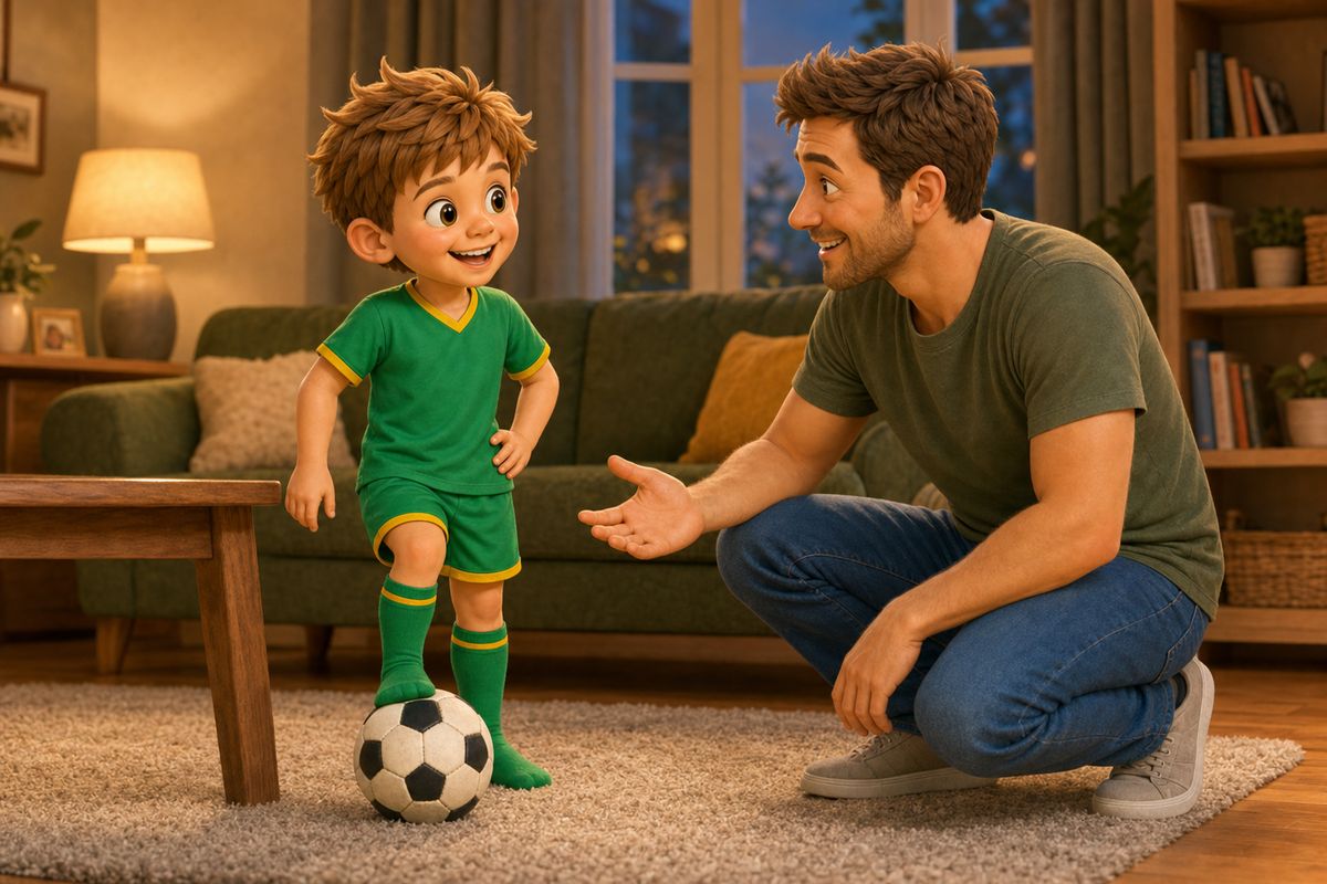 A boy about to restart dribbling a football after a small knock against a table leg, dad crouched nearby with a calm, easy open-handed gesture and no frown, in a cosy UK living room