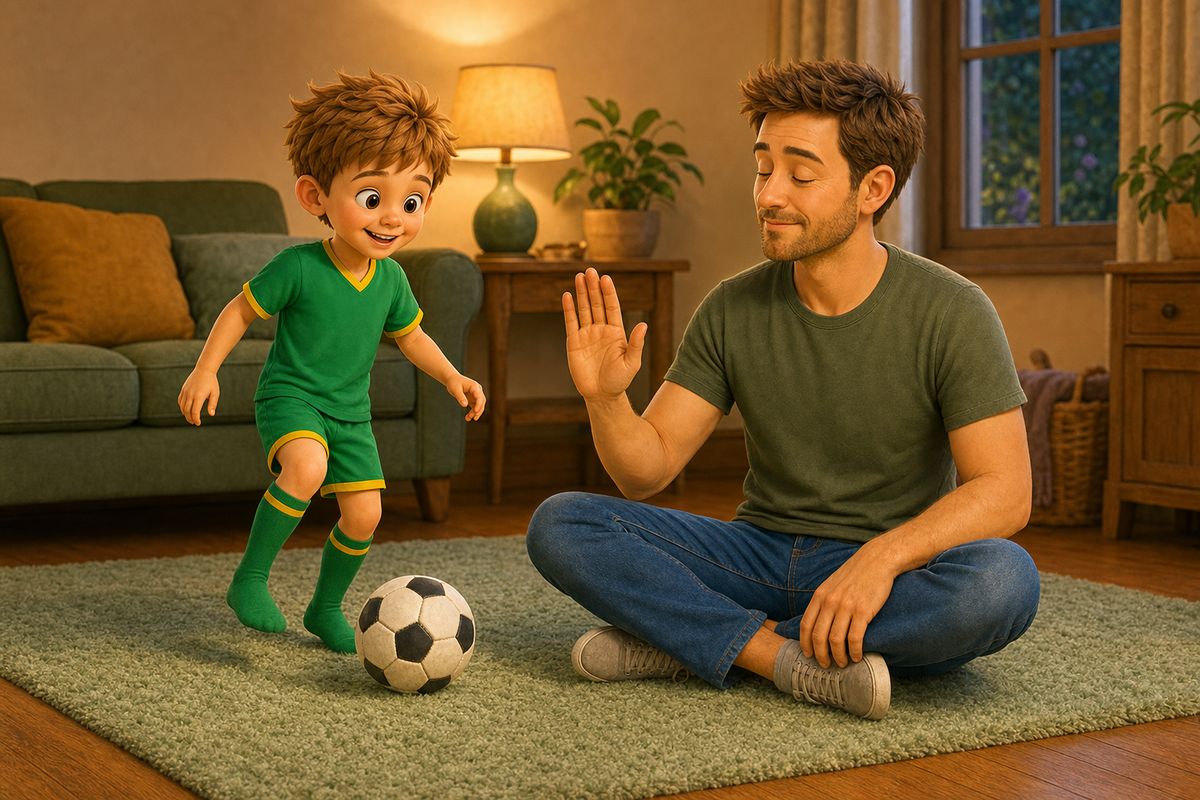 Dad sitting with eyes closed playing the listener role, one hand raised in a calm, flat, unshowy gesture, not a triumphant point, as the boy dribbles a football nearby