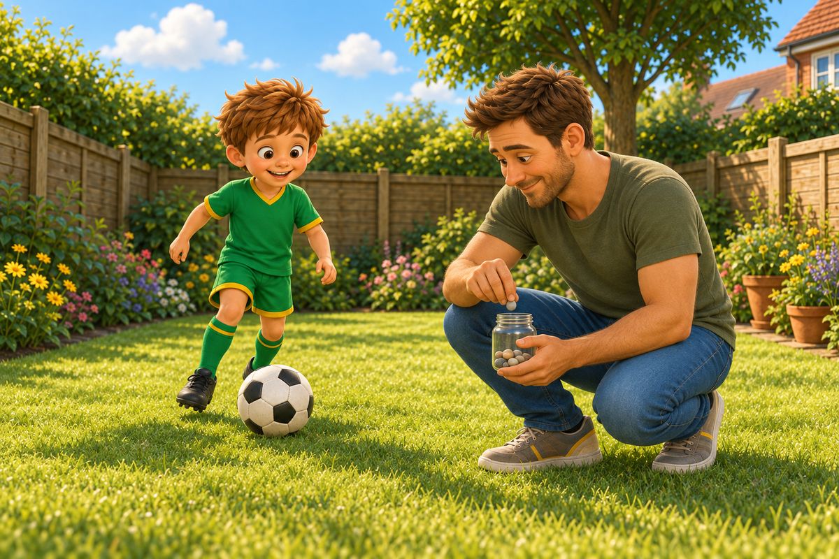 A boy dribbling a football with soft, quiet touches across a UK back garden lawn while a dad crouches nearby silently placing a pebble into a small glass jar instead of calling out a number