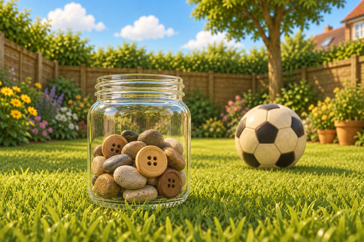 A small glass jar holding a handful of pebbles and buttons sitting on short garden grass next to a football, with no hands or people in the frame