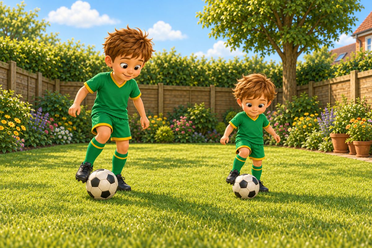 Two children of visibly different sizes each dribbling their own football a short distance apart on the same garden lawn, both looking down at their own ball rather than at each other