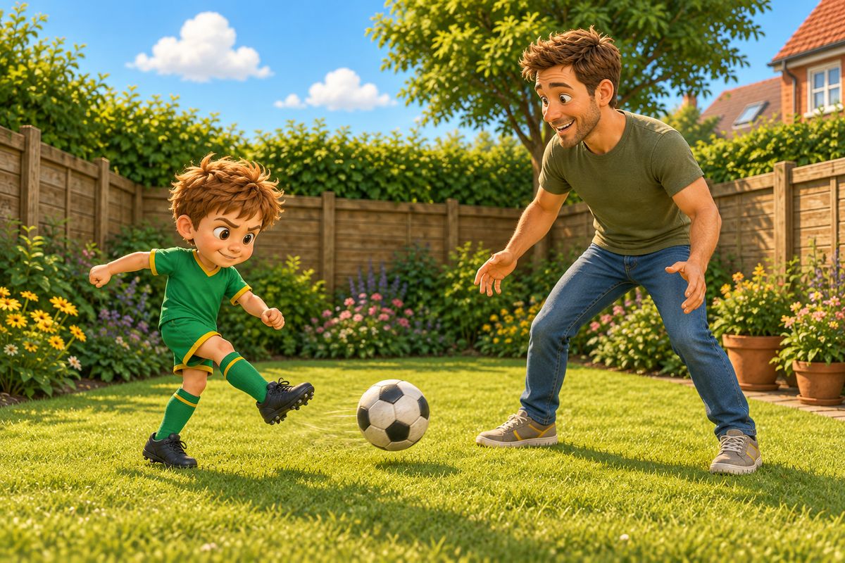 A dad standing with feet apart as a wide target, close to a boy who is mid-kick sending the ball toward him, both a short distance apart in a small UK garden, focused and encouraging expressions.