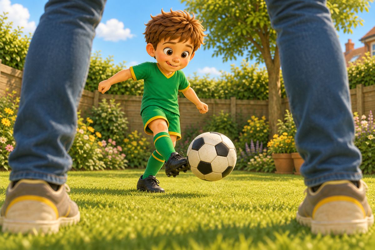 A close view of a boy's foot making contact with a football using the inside of his foot, with a dad's legs planted apart as the target just a short distance away.