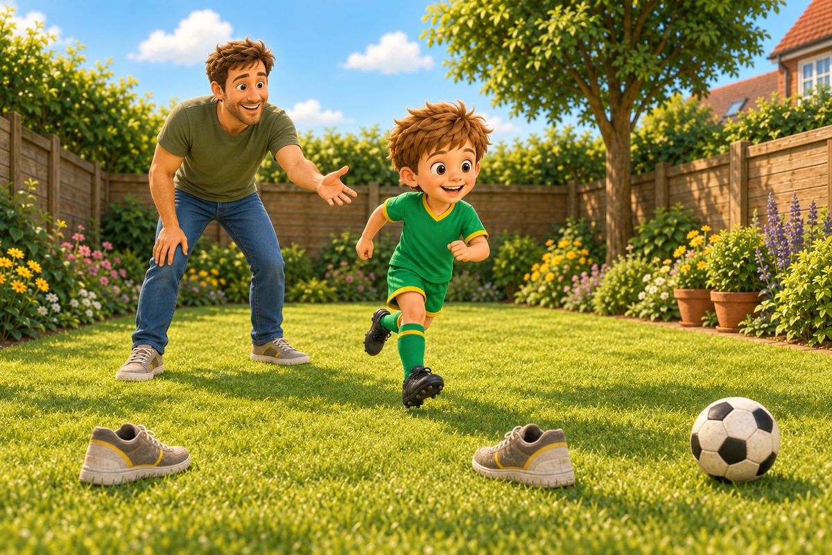 A dad calling out cheerfully as a boy chases down a missed football and turns back into play in a small UK garden.
