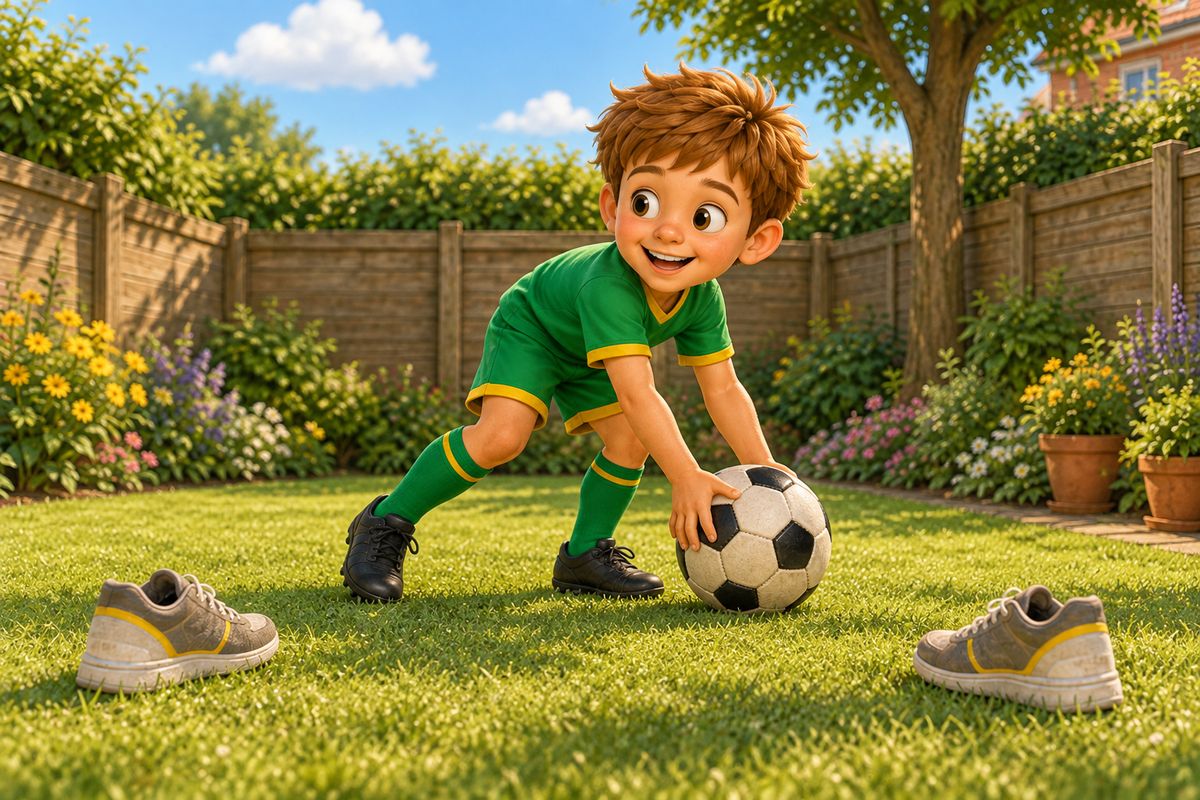 A boy retrieving a football that has just rolled past a wide gate made of two trainers, already turning back into position.
