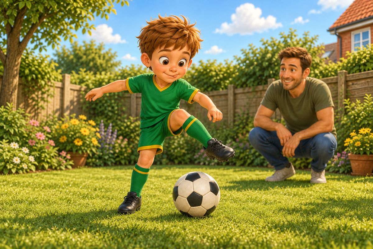 A boy performing a step over move around a stationary football on a garden lawn, one foot circling above the ball