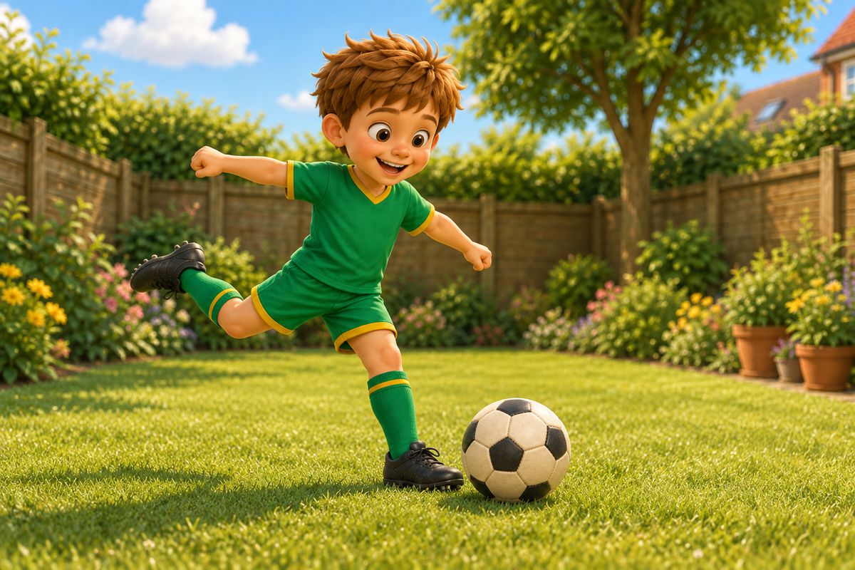 A boy mid-fake-shot with his leg swung back as if about to strike the football, weight fully committed to the fake