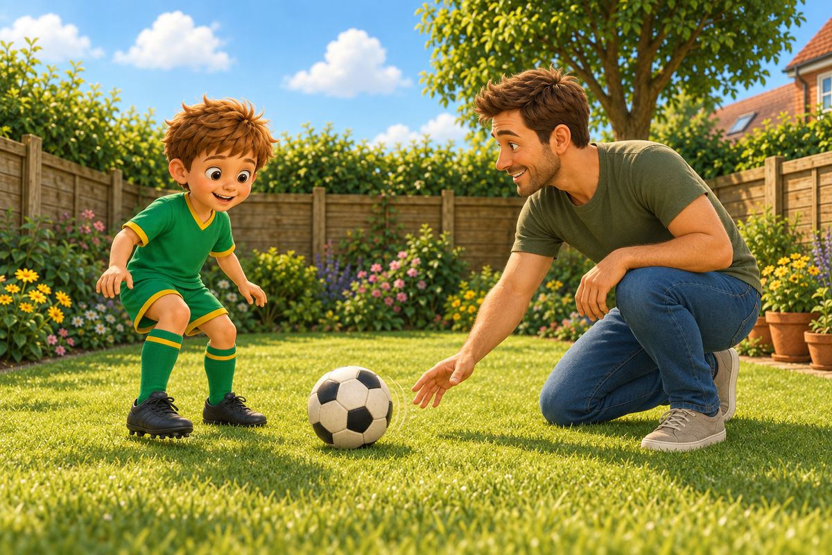 A dad and a boy in a garden mid-drill on one small moment, the ball cushioned dead under the boy's foot during a first-touch practice