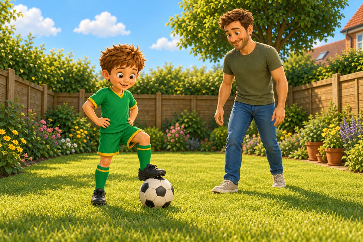 A close-up of a football stopped dead under a boy's foot in a garden, the exact moment a first touch freeze is completed