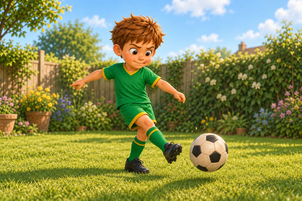 A boy deliberately dribbling and passing a football using only his weaker foot in a garden