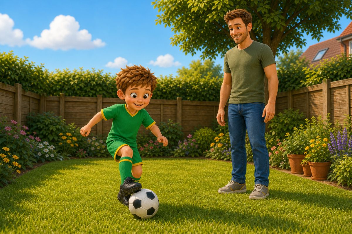 A dad and boy focused closely on one specific football touch in a UK back garden, the moment reading as a single deliberate skill rather than open-ended kickabout