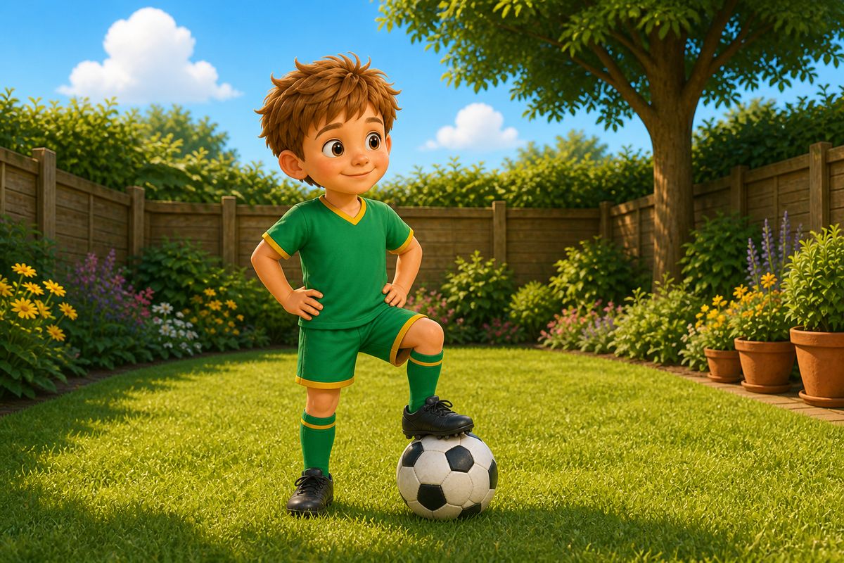 A boy stopping a rolling football dead under his foot in a garden, illustrating first touch as one of several possible skills a family could pick to focus a week on