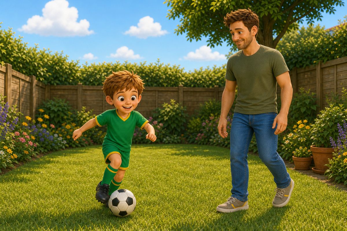 A dad and boy pausing mid-kickabout with a small, easy, unremarkable moment of the boy controlling the ball without effort, illustrating a skill that has quietly become automatic