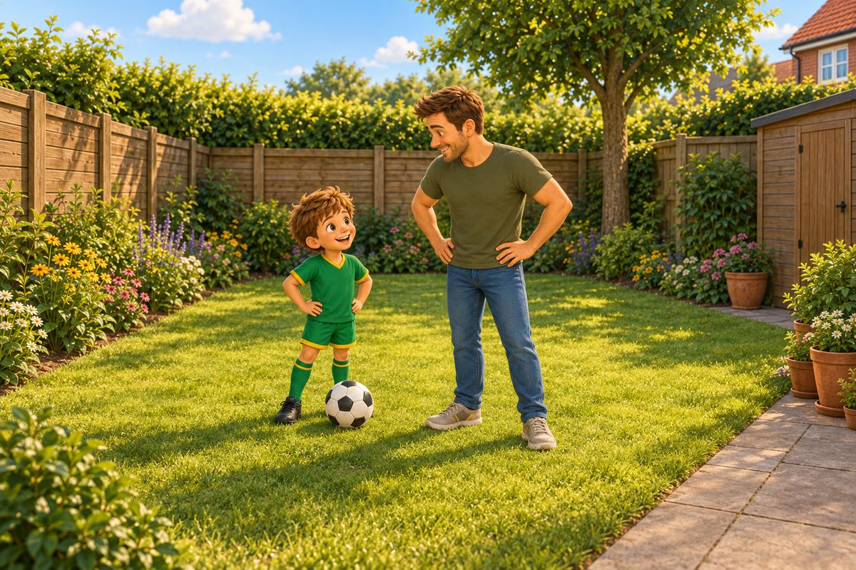 A wide view of a small UK back garden showing a wooden fence boundary, a corner where the fence meets a shed, and a strip of paved hard standing all visible at once, with a dad and boy standing in the middle of the lawn looking around