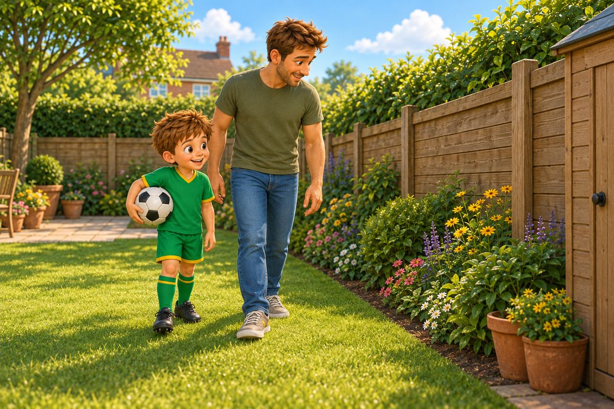 A dad and boy walking together along the edge of a small garden lawn, both looking down at the boundary fence and a corner where it meets a shed, football tucked under the boy's arm rather than in play