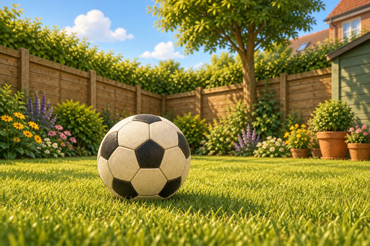 A single football resting alone on a small garden lawn near a fence corner, with no goal, cones or other equipment anywhere in the frame