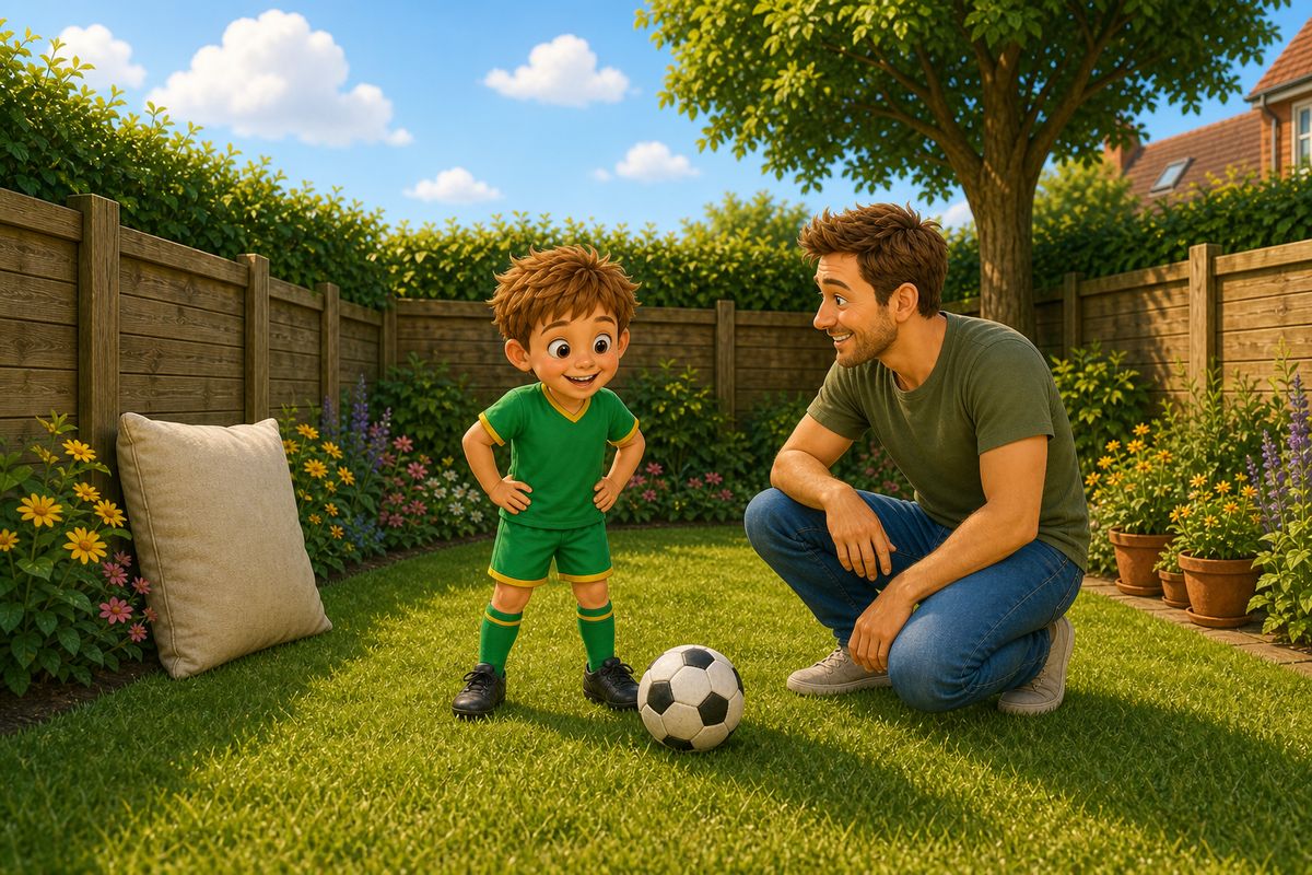 Cartoon dad and boy playing a target-shooting football game against a fence in a small UK garden