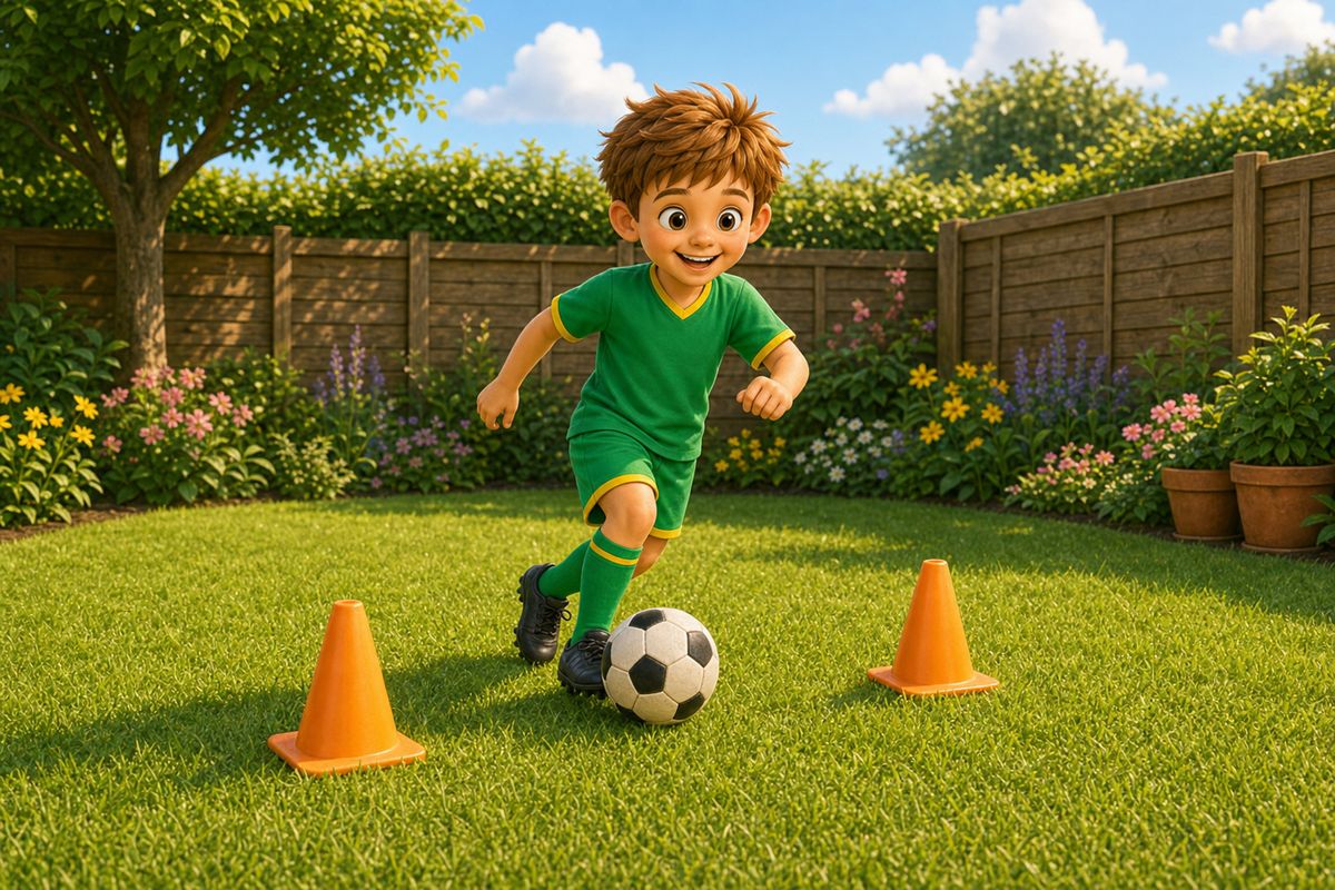 Cartoon boy dribbling a football through two cones set up in a different part of the same small garden as a movement game