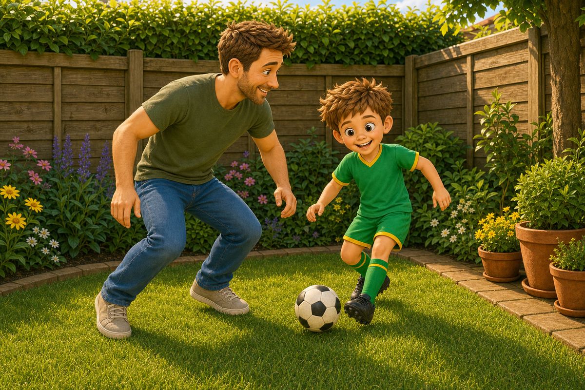 A dad and boy playing football together in a small, compact UK back garden, fence and hedge boundary close behind them