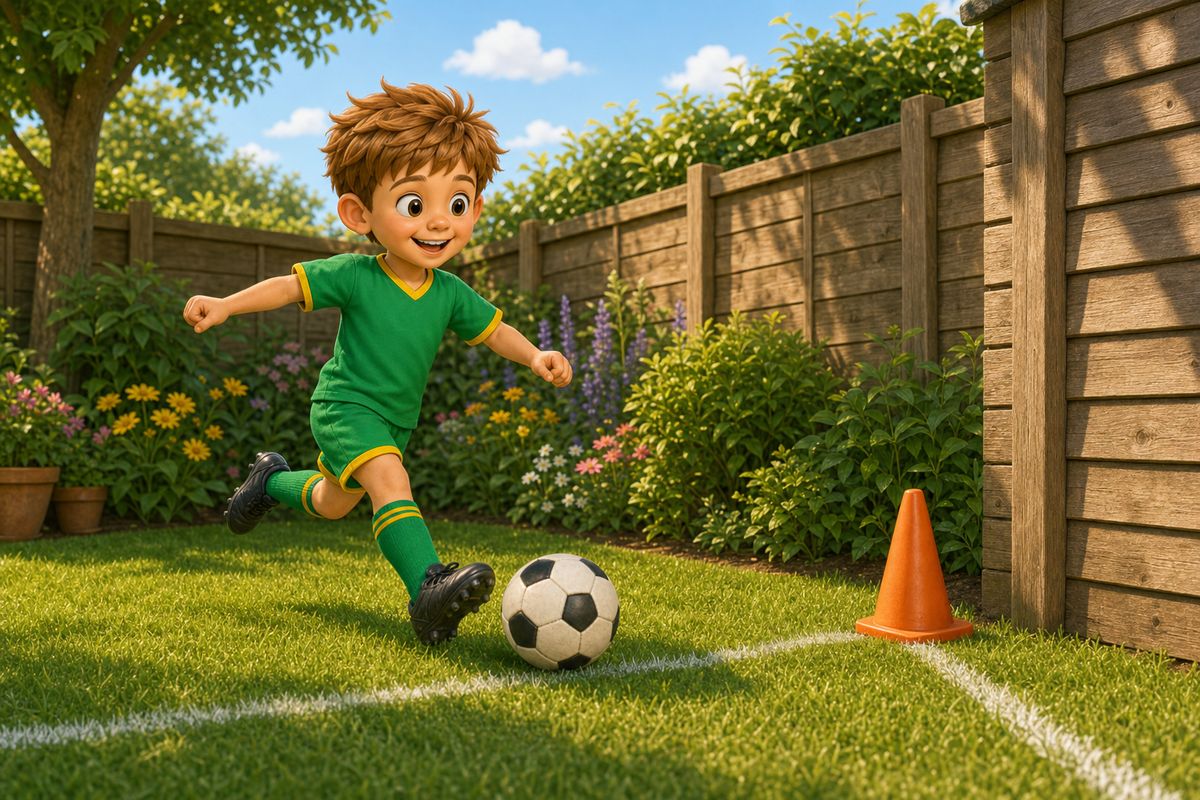 A boy aiming a gentle shot at a marked garden corner, illustrating one of the three small-garden football problems this hub covers