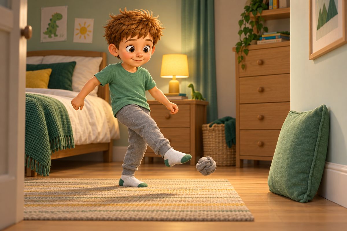A boy in socks, no boots, striking a small rolled-up grey sock-ball with his foot across a bedroom floor toward a cushion propped against the skirting board a short distance away, in a small plain domestic room with a bed and a rug visible