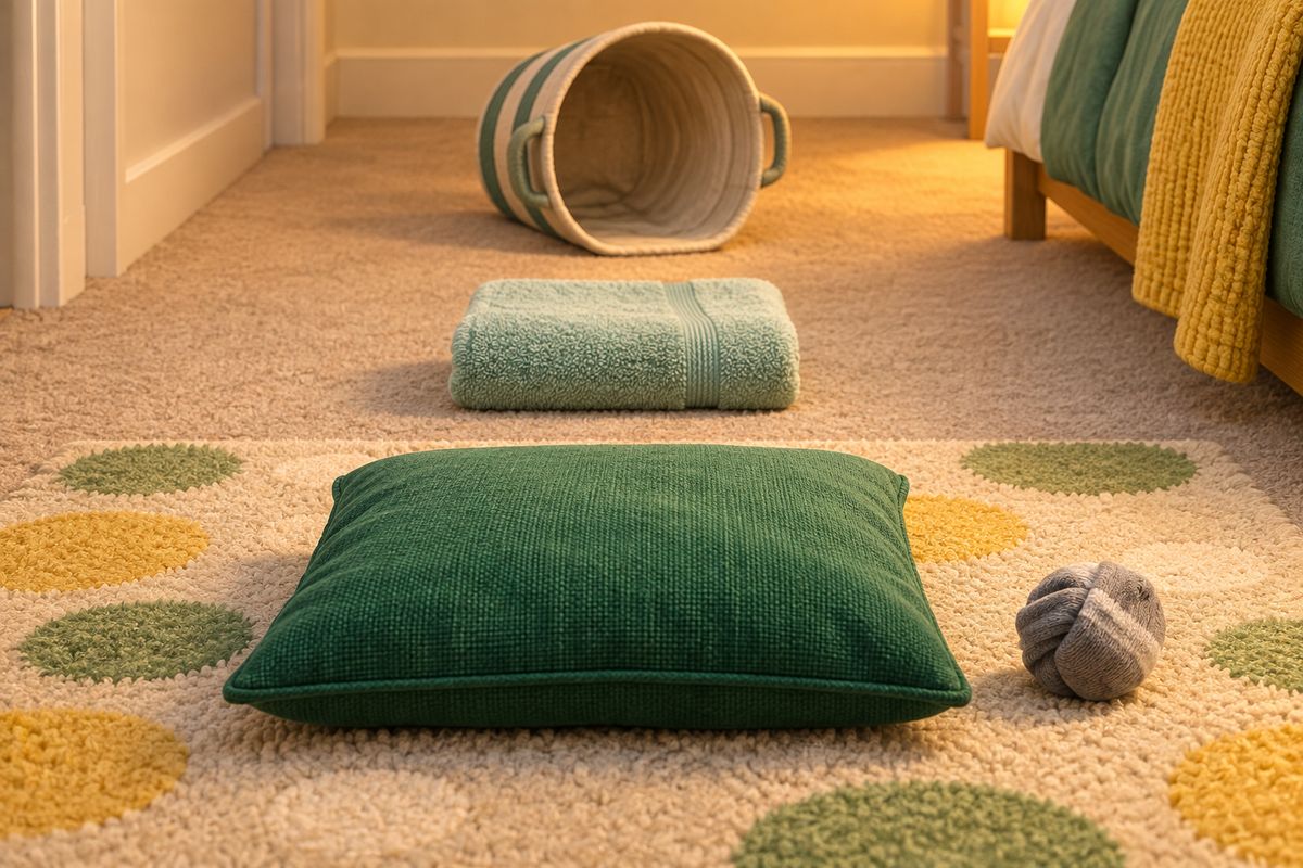 Three soft household targets set out at increasing distance on a bedroom floor: a cushion close by, a folded towel further out, and a laundry basket on its side furthest away, with no people in the frame