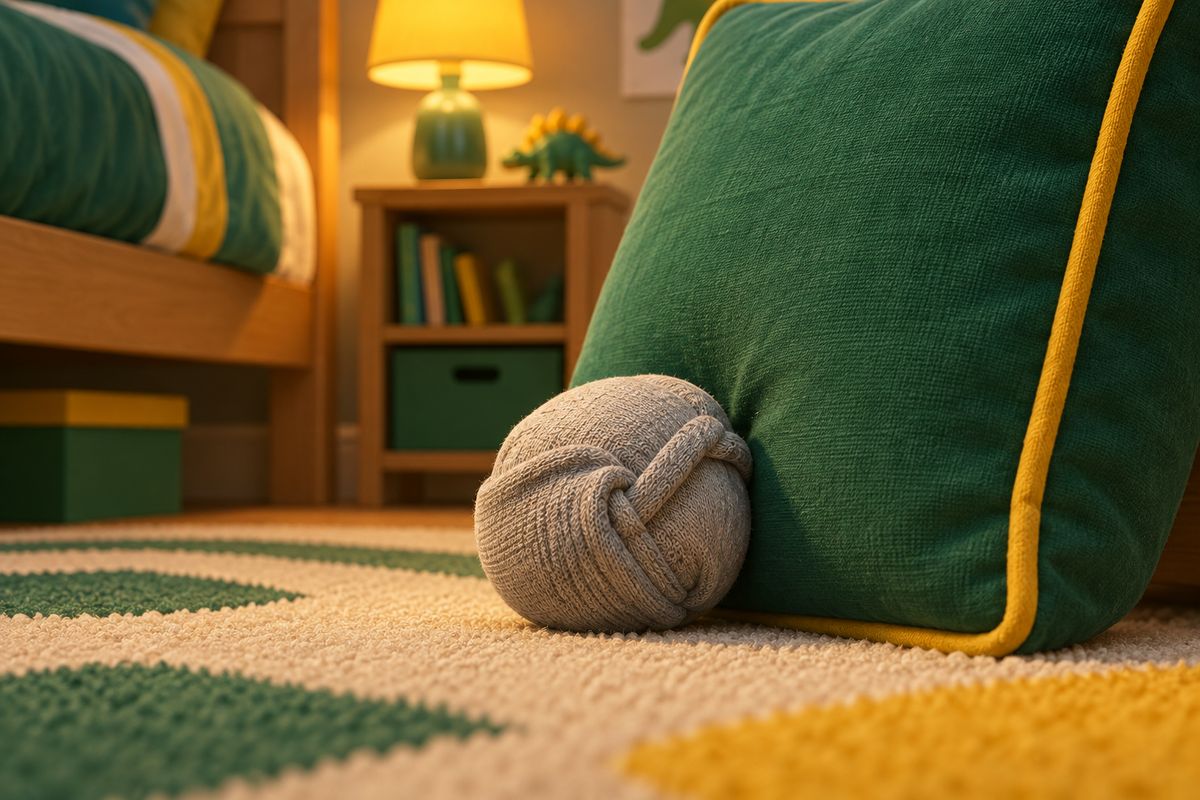 A small rolled grey sock-ball resting motionless against the base of an upright cushion on a bedroom floor, with no bounce or roll visible, close up