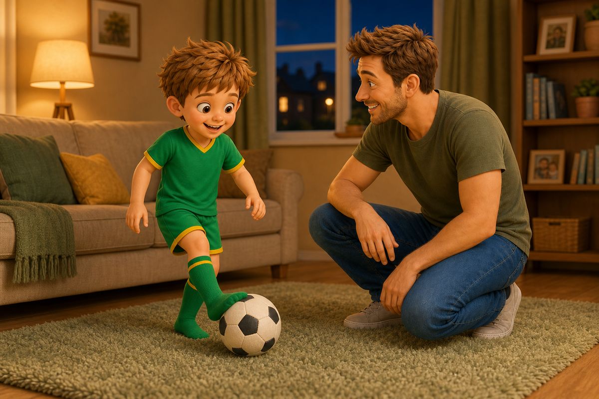 A dad and a boy playing gently with a soft ball in a cosy UK living room in the early evening, curtains not yet drawn, showing indoor football as a normal everyday choice