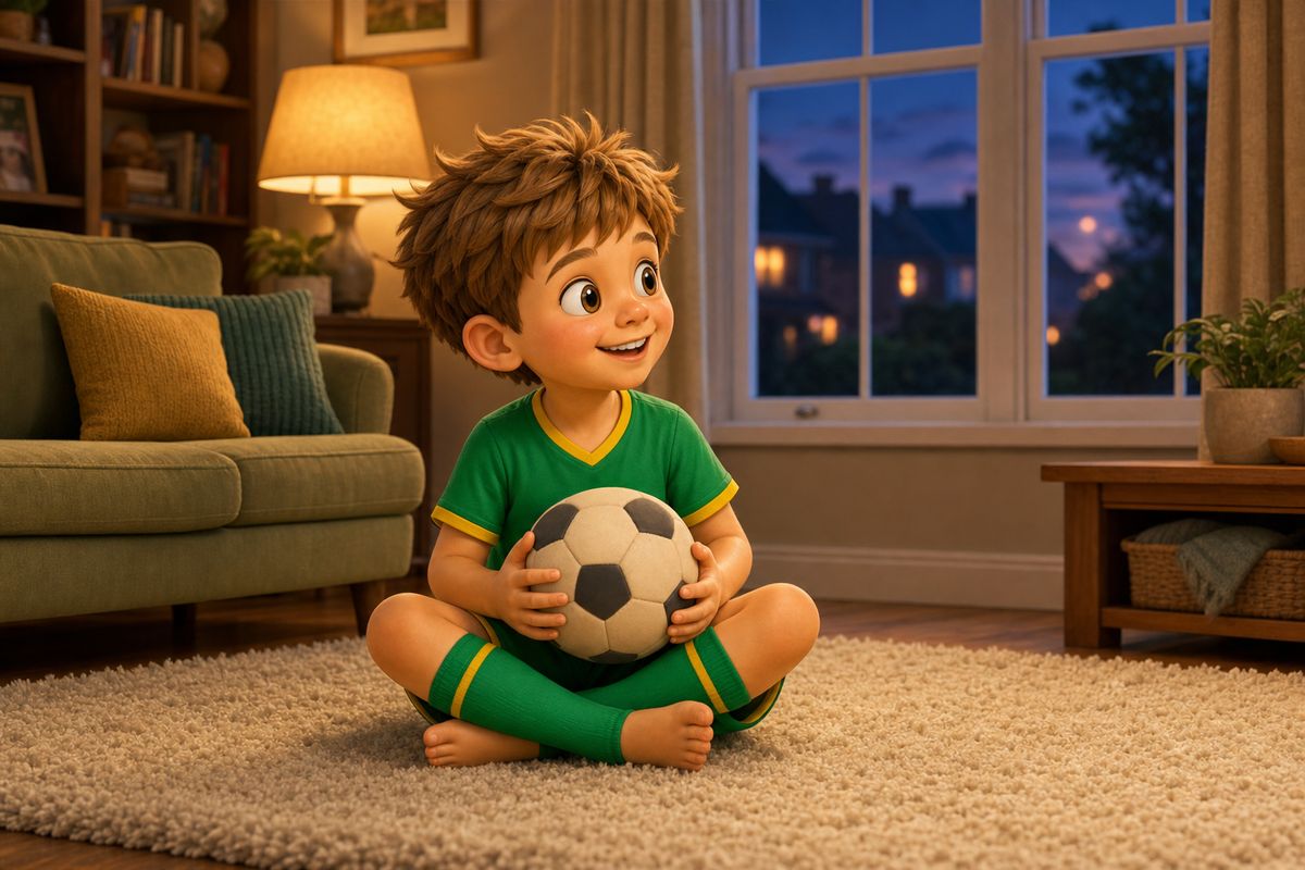 A boy sitting on a living room rug at dusk holding a soft foam football, looking toward a dark window, illustrating an ordinary indoor evening rather than a rainy day