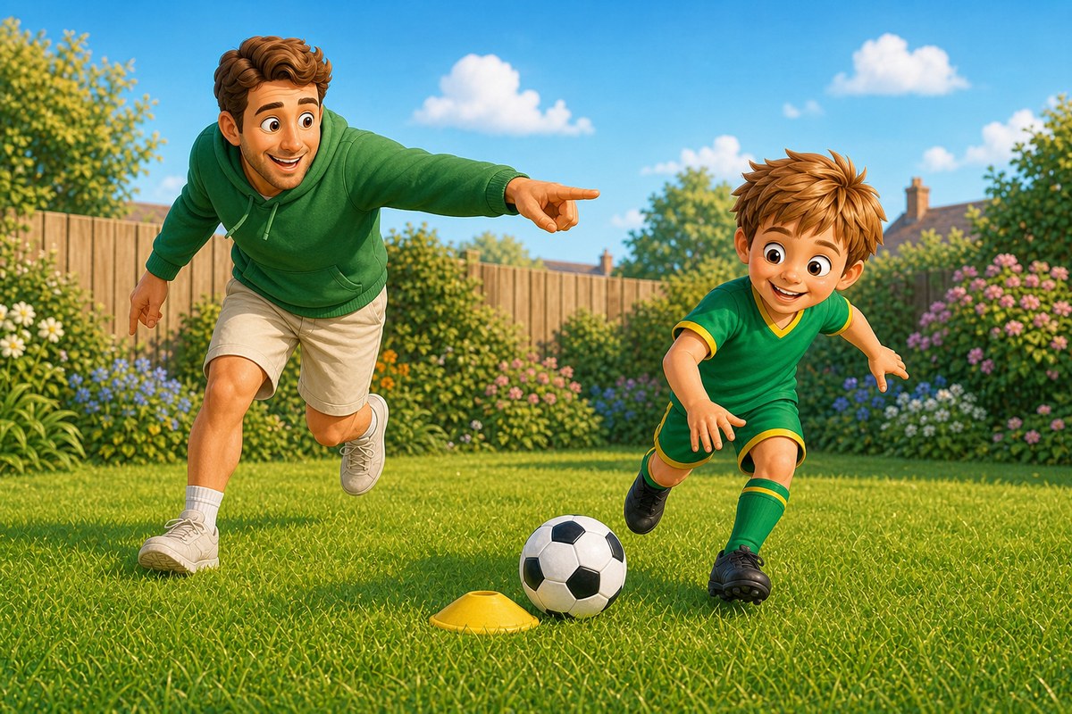 Dad and boy rushing towards a football beside a starting cone, Dad pointing immediately towards the next direction